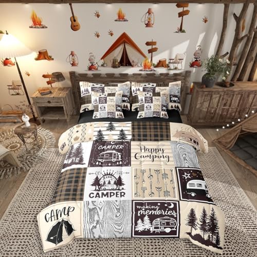 Erosebridal Camper Queen Comforter Set 7 Piece for Bunk Travel Trailers,Rustic Plaid Camping Car Bed in A Bag Camping Accessories Bedding Set for Rv Camper,Country Cabin Lodge Bed Set Brown Beige