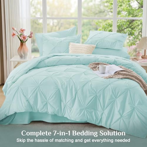 JOLLYVOGUE King Size Comforter Set 7 Pieces - Bed in a Bag King for All Season, Pintuck Bedding Comforter Sets with Comforter, Flat Sheet, Fitted Sheet and Pillowcases & Shams, Lake Blue