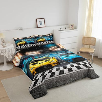 Feelyou Sports Car Comforter Extreme Sports Decor Comforter Set for Kids Boys Yellow Blue Race Car Bedding Set Cool Speed Competitive Racing Car Quilt Room Decor 3Pcs Queen Size Boys