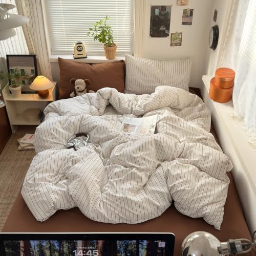 mixinni Vintage Striped Twin Duvet Cover Set, 3 Piece Premium Washed Microfiber Minimalist Beige Brown Stripes Bedding, Neutral Comforter Cover with Hidden Zipper & Corner Ties for Men Women