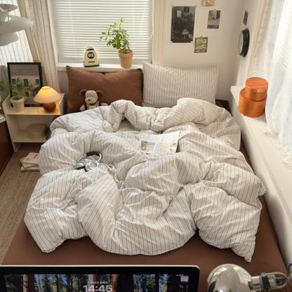 mixinni Vintage Striped Twin Duvet Cover Set, 3 Piece Premium Washed Microfiber Minimalist Beige Brown Stripes Bedding, Neutral Comforter Cover with Hidden Zipper & Corner Ties for Men Women