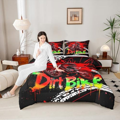 Feelyou Racing Motocross Rider Kids Bedding Set,Boys Girls King Size,Dirt Bike Comforter Set,Extreme Sports Ultra Soft Duvet Quilt,Tire Print Comforter Motorbike Bedroom Decor