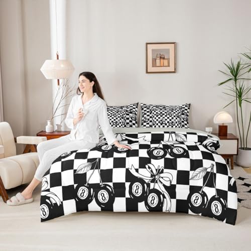 Erosebridal Black and White Checkered 7 Piece Bedding Set Twin Y2K Lucky 8 Ball Comforter Set for Kids Boys Girls,Fashion Coquette Cherry Bow Bed in A Bag with Sheets Trendy Aesthetic Preppy Bed Set