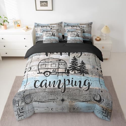 Erosebridal Boho Camper Decor Comforter Set 7 Piece Twin Happy Camping Bedding Set Rv Accessories Bed in A Bag for Travel Trailers Bunks,Rustic Farmhouse Stars Moon Bed Set Blue Grey