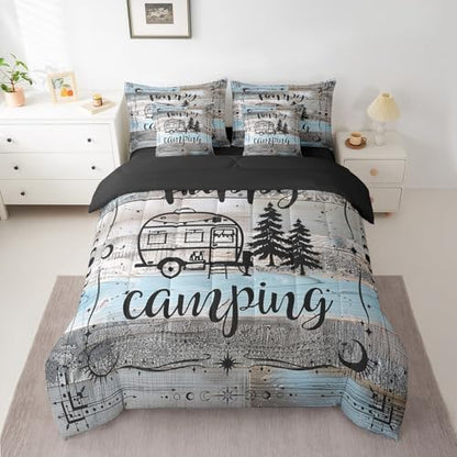 Erosebridal Boho Camper Decor Comforter Set 7 Piece Twin Happy Camping Bedding Set Rv Accessories Bed in A Bag for Travel Trailers Bunks,Rustic Farmhouse Stars Moon Bed Set Blue Grey