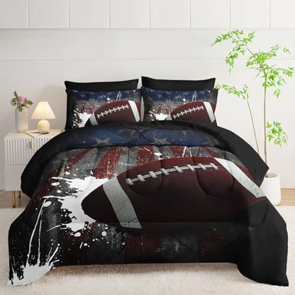 7Pcs Comforter Set American Football Printed Bedding Set with 1 Comforter, 1 Flat Sheet, 1 Fitted Sheet and 4 Pillowcases for Boys and Girls Bedroom All Season(Football King
