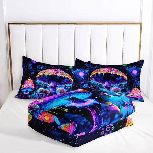 Magical Fantasy Mushroom Comforter Set King Size，Galaxy Mushroom Bedding Set King for Kids，with 1 Comforter with 2 Pillow Case，Mushroom Themed Bedroom Decor