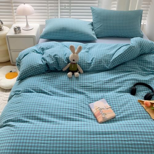 LifeTB Blue Gingham Comforter Set King 3 Pieces Blue Grey Grid Checkered Pattern Comforter with 2 Pillowcases Farmhouse Gingham Grid Bedding Set Soft Fluffy Modern Geometric Plaid Comforter Set
