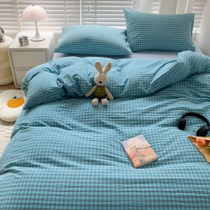 LifeTB Blue Gingham Comforter Set King 3 Pieces Blue Grey Grid Checkered Pattern Comforter with 2 Pillowcases Farmhouse Gingham Grid Bedding Set Soft Fluffy Modern Geometric Plaid Comforter Set
