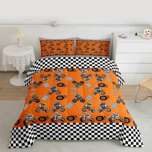 Feelyou Dirt Bike Comforter Set King Size Extreme Sports Bedding Set for Kids Boys Girls Racing Motocross Rider Duvet Quilt Motorcycle Bedroom Decor Motorbike Microfiber 3 Pcs with 2 Pillow Cases