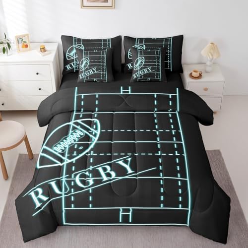 Sports King Comforter Set 7 Pieces for Boys Football Bedding Comforter Sets, Soccer Game Bed in a Bag Black Teal Blue Bedding Set, Neon Blue Rugby Field Bed Sheets Set Lightweight (Black Reversible)