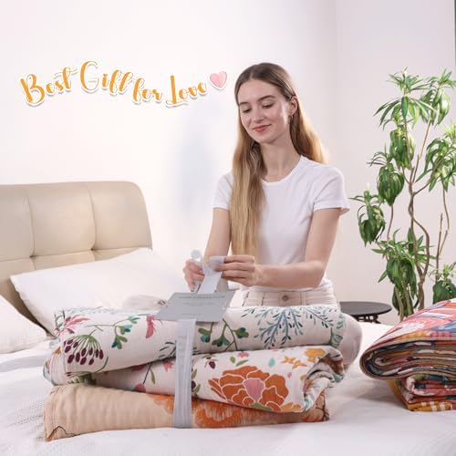 VANJOROY Boho Throw Blanket, 100% Organic Cotton Breathable Ultra Soft 91" x 98" Bed Quilt Throw - All Season Floral Rustic Farmhouse Decor Luxury Reversible Blanket for Sofa Couch Chair and Gift