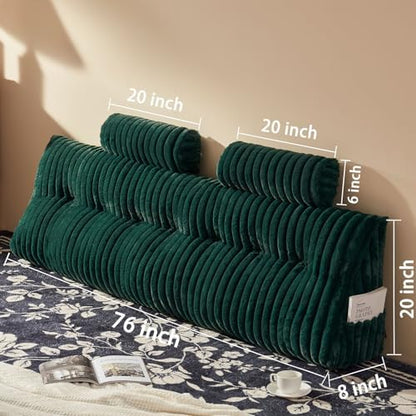 Rycwola Faux Fur Headboard Pillow with 2 Pack Neck Roll Pillow Large Headboard Pillow Soft and Supportive with Removable Cover (Green, King)