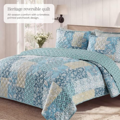 King Quilt Set-3 Pieces Soft Bedding Lightweight Floral Patchwork Coverlet