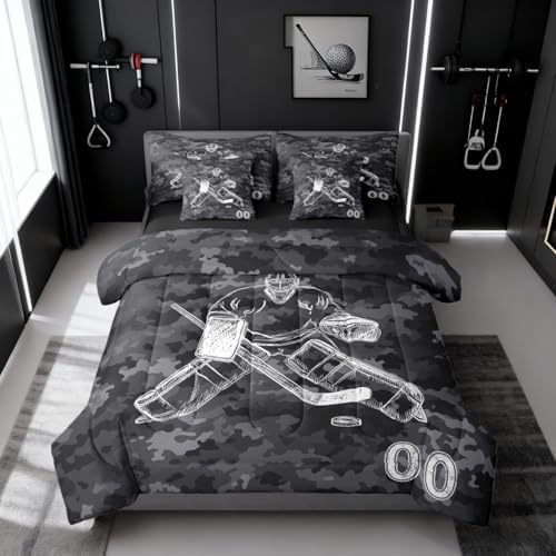 Erosebridal Ice Hockey Bedding Twin - Winter Event Ball Games Comforter Sets with Sheets, Sports Game Lovers Bed-in-A-Bag Teen Kids Hockey Decor for Boys Bedroom (Camo Black)