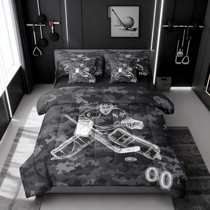 Erosebridal Ice Hockey Bedding Twin - Winter Event Ball Games Comforter Sets with Sheets, Sports Game Lovers Bed-in-A-Bag Teen Kids Hockey Decor for Boys Bedroom (Camo Black)