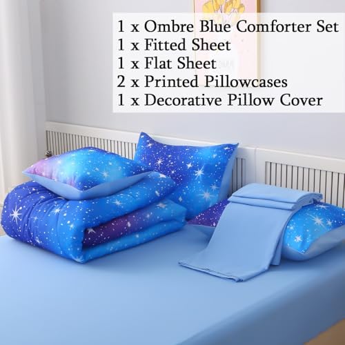 JQinHome Twin Ombre Blue Comforter Set, 6 Piece Bed in A Bag 3D Colorful Bedding Sets for Teen Girls (1 Comforter,2 Pillowcases,1 Flat Sheet,1 Fitted Sheet,1 Cushion Cover)(Star Blue)