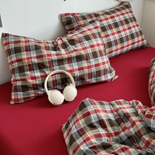 LifeTB Vintage Buffalo Plaid Comforter Set Twin XL, 3 Pieces Red Brown Grid Checkered Comforter with 2 Pillowcases, Breathable Soft Farmhouse Grid Pattern Printed Plaid Gingham Bedding Comforter Set