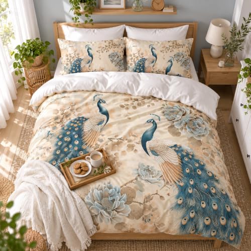 CCoutueChen Peacock Comforter Set Queen Size, Oriental Birds Floral Microfiber Bedding Set, Cozy Asian Bedroom Decor for Adult/Women