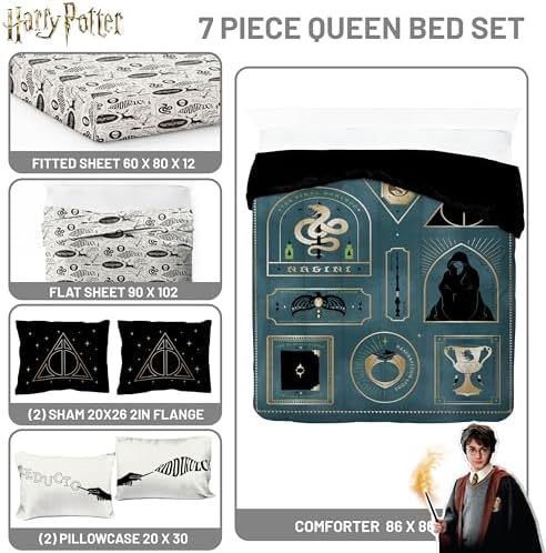 Harry Potter Queen Comforter Set 7 Piece Soft Fantasy Bedding, Blue