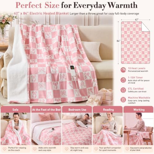 Pink Bow Electric Blanket Heated Twin 62"X84", Heating Blanket Twin