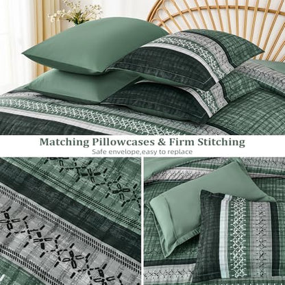 Dintszyayue Green Comforter Set Queen Size, 8 Pieces Boho Striped Bed in a Bag Soft Microfiber Bedding Set for All Season