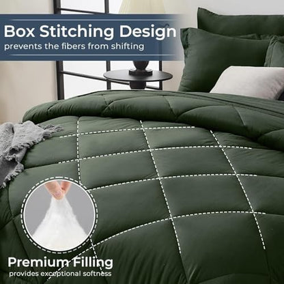 HEVUMYI 7-Piece Oversized Queen Comforter Set, Dark Green Bed in a Bag