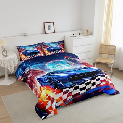 Feelyou Boys Blue Race Car Queen Size Bedding Set Kids Racing Car Decor Comforter Extreme Sports Car Comforter Set for Teens Honeycomb Grid Car Comforter Quilt Set Car Room Decorations