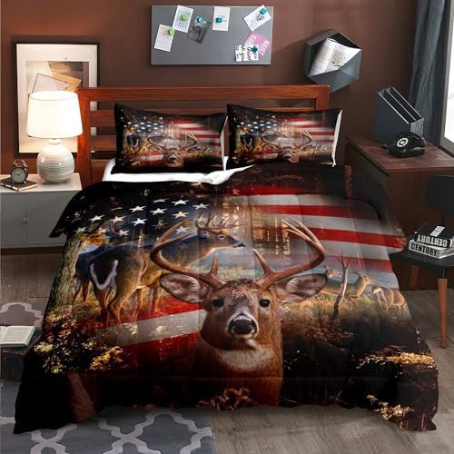 LUVIVIHOME 3PCS Hunting Deer Comforter Set, Camo Comforter, Queen Bed Set, Patriotic American Flag Hunter Woodland Forest Animal Elk Moose Wildlife Cabin Country Rustic Bedding Quilt, 2 Pillow Shams