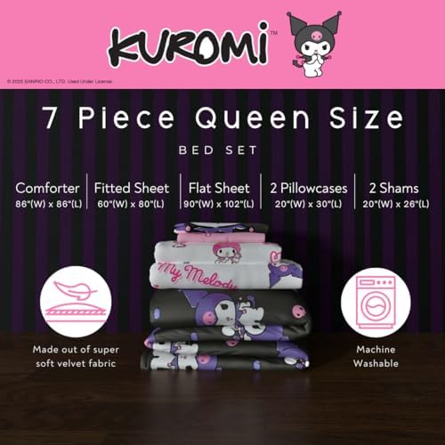 Sanrio Kuromi & My Melody Bedding 7 Piece Super Soft Cozy Reversible Comforter and Sheet Set with Sham, Queen, (100% Official Licensed Product) By Franco