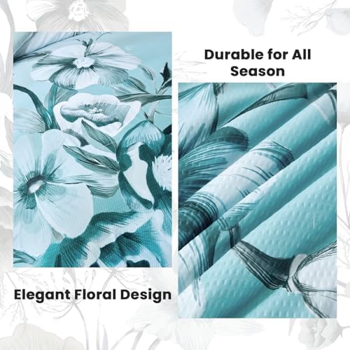 Luxudecor Floral Comforter Set Queen Size 7 Piece, Aqua Flower Bed in a Bag, Elegant Gradient Floral Comforter with Sheet Set, Soft Seersucker Microfiber Bedding Set for All Season (Aqua, 90"x90")