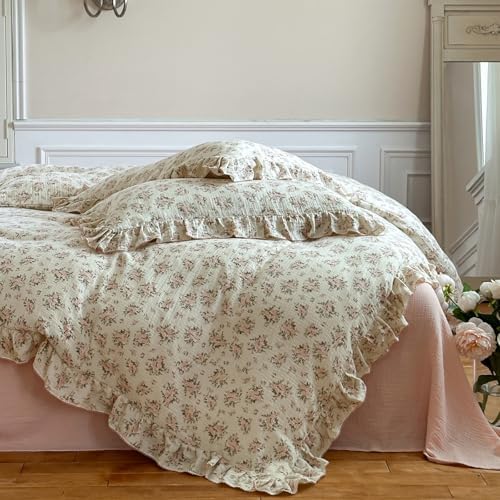 VM VOUGEMARKET Ruffle Duvet Cover Full Shabby Chic Pink Floral Bedding Set,Soft, Breathable Muslin Cotton Linen Like Gauze Comforter Cover with Zipper Closure
