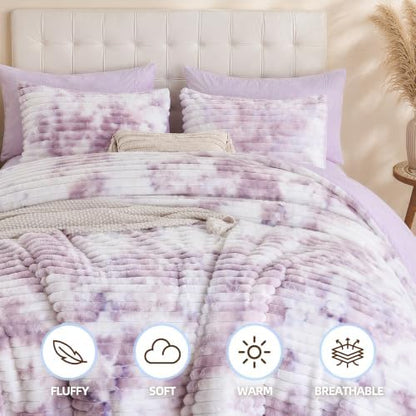 Smoofy Fluffy Queen Size Comforter 3 PCS- Tie Dye Purple Fleece Bedding Set