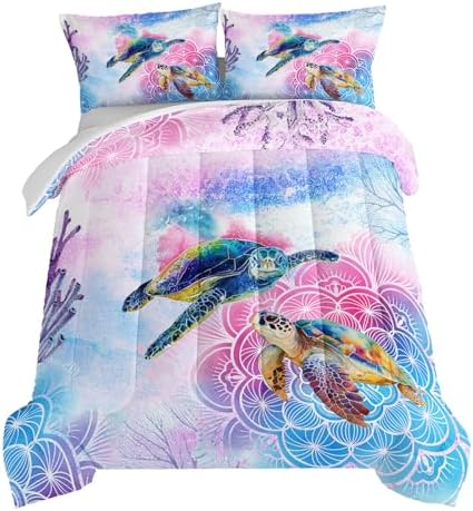 HOSIMA Sea Turtle Bedding,Coastal Beach Themed Comforters Queen Size for Kids Teen Girls Boys Room Decor, Toddler Bedding Set,Mandala Turtle Comforter with 2 Pillowcases.