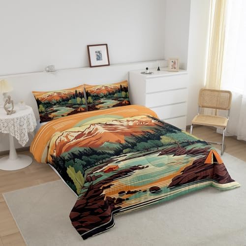 Mountain River Comforter Set King Size,Nature Scenery Tent Printed Bedding Set for Kids Boys Girls Room Decor,Retro Adventure Theme Duvet Insert 3Pcs,Camping Style Luxury Quilt Set,2 Pillowcases