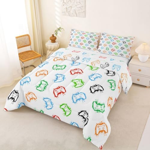 Castle Fairy Gaming Bed Comforter Set Queen Size,Modern Gamepad Super Soft Microfiber Bedding Set for Adults Teens,Colorful Graffiti Comforter Set,2 Pillowcases