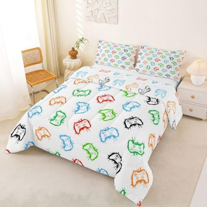 Castle Fairy Gaming Bed Comforter Set Queen Size,Modern Gamepad Super Soft Microfiber Bedding Set for Adults Teens,Colorful Graffiti Comforter Set,2 Pillowcases