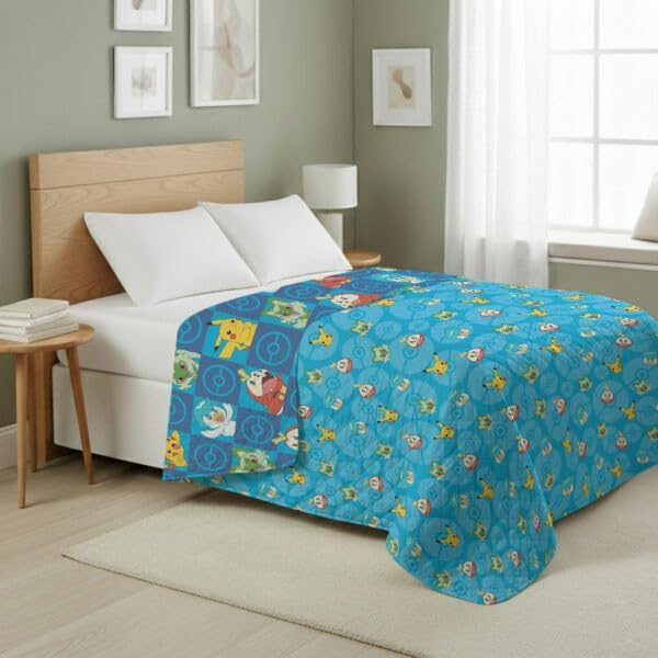 Pokemon Power Squares Full/Queen Quilted Throw Blanket Adults Boys Girls, Soft Lightweight Bedding for Bed, or Couch, 90 x 90 inches
