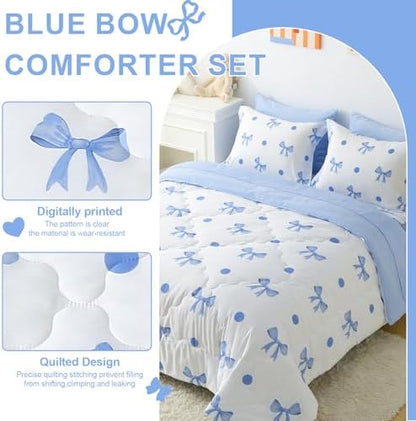 Wajade 7 Piece Blue Bow Comforter Set for Girls Kids Full Size Bedding Set with Sheet and 2 Pillowcases 2 Pillow Shams Cute Girls Bed in a Bag as Birthday Choice