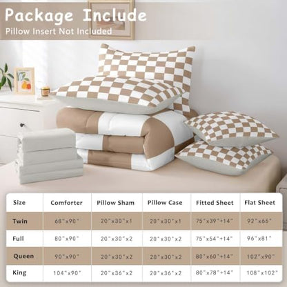 Feelyou Checkered King Comforter Set with Sheets for Kids Boys Girls Brown Plaid 7 Pieces Bedding Set Vintage Checkerboard Geometric Bed in a Bag Reversible Grey Room Decor Soft