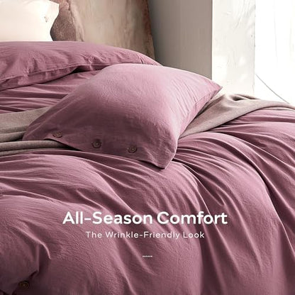 JELLYMONI 100% Washed Cotton Deep Rose Duvet Cover Twin, Linen-Like
