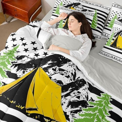 Erosebridal Happy Camping 7-Piece Bedding Set King Size Rv Camper Boys Bed in A Bag Pine Tree Camping Car Comforter Set with Sheets for Kids Teens Men Bedroom Rustic Farmhouse Bed Sets, Black White