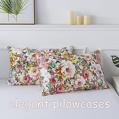 FADFAY Vintage Floral Sheet Set Full 4 Pcs 100% Cotton Soft Shabby French Country Style Garden Flower Bed Sheet Girls Cottagecore Bedding Elegant Peony Printed Deep Pocket Sheet 17.5 inch
