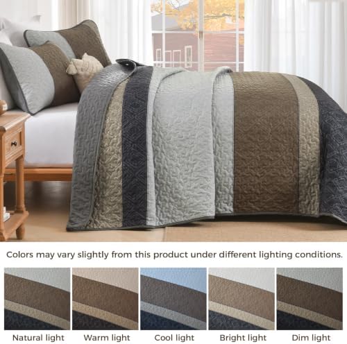 Cottolester Quilts Queen Size,Grey Brown Striped Bedspread Coverlet Set