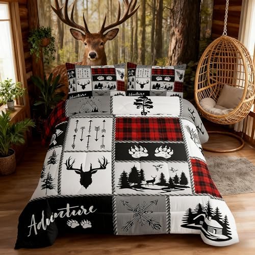 Deer Antlers Comforter Set King Size,Bear Paws Pine Trees Xmas Bedding Set for Kids Boys Girls Adults Room Decor,Lattices Patchwork Rustic Farmhouse Down Comforter,Red Duvet Insert,2 Pillowcases
