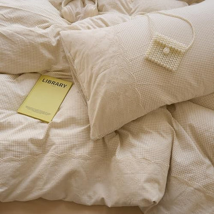 LifeTB Tan Gingham Comforter Set Queen Princess Lace Style Beige Taupe Plaid Comforter Set Soft Fluffy Grid Farmhouse Gingham Bedding Set Vintage Plaid Checkered Comforter with 2 Pillowcases