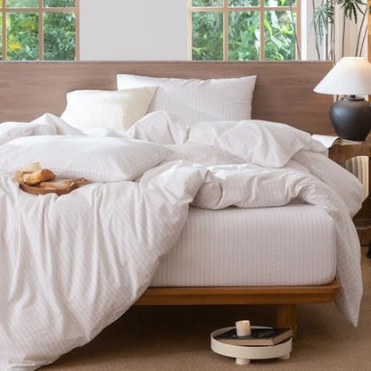 MooMee Striped Duvet Cover Set 100% Washed Cotton Linen Like Queen