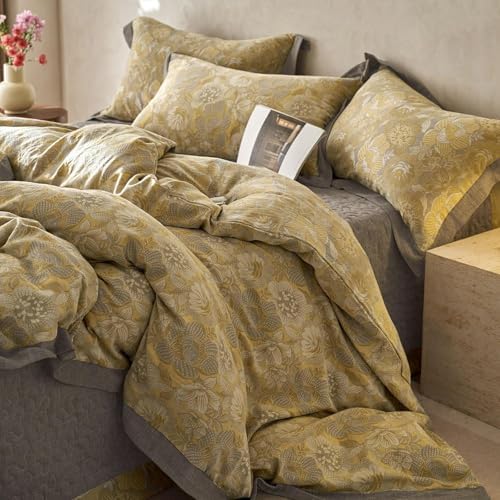 LifeTB Golden Floral Jacquard Duvet Cover Queen 3 Pieces Cotton Yarn-Dyed Textured Duvet Cover Vintage Flower Comforter Cover with Edge Design Boho Floral Bedding Duvet Cover with 2 Pillowcases