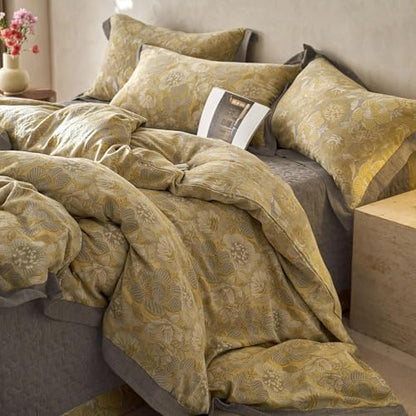 LifeTB Golden Floral Jacquard Duvet Cover Queen 3 Pieces Cotton Yarn-Dyed Textured Duvet Cover Vintage Flower Comforter Cover with Edge Design Boho Floral Bedding Duvet Cover with 2 Pillowcases