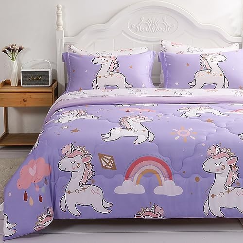 Wajade Kids Purple Unicorn Comforter Set Bed in A Bag Full Size 7 Piece Cute Unicorn Rainbow Clouds Bedding Set for Girls (1 Comforter, 1 Flat Sheet, 1 Fitted Sheet, 2 Pillowcase and 2 Pillow Sham)